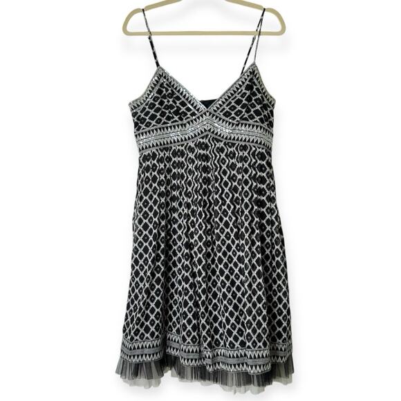 BCBGMaxazria Party Dress Sleeveless Sequins Tulle Printed Silk Black White 12 - Picture 1 of 16